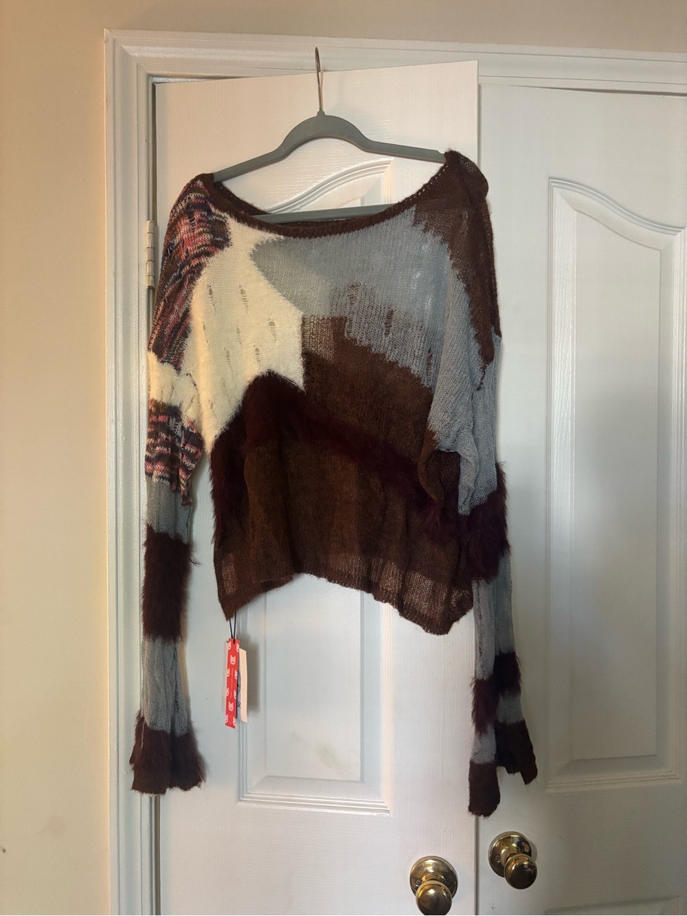 Cider Off-the-Shoulder Colorblock Knit Sweater — Brown, Gray, Cream